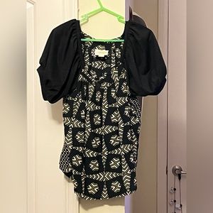 Maeve by Anthropologie Black Patterned Puff Sleeve Blouse